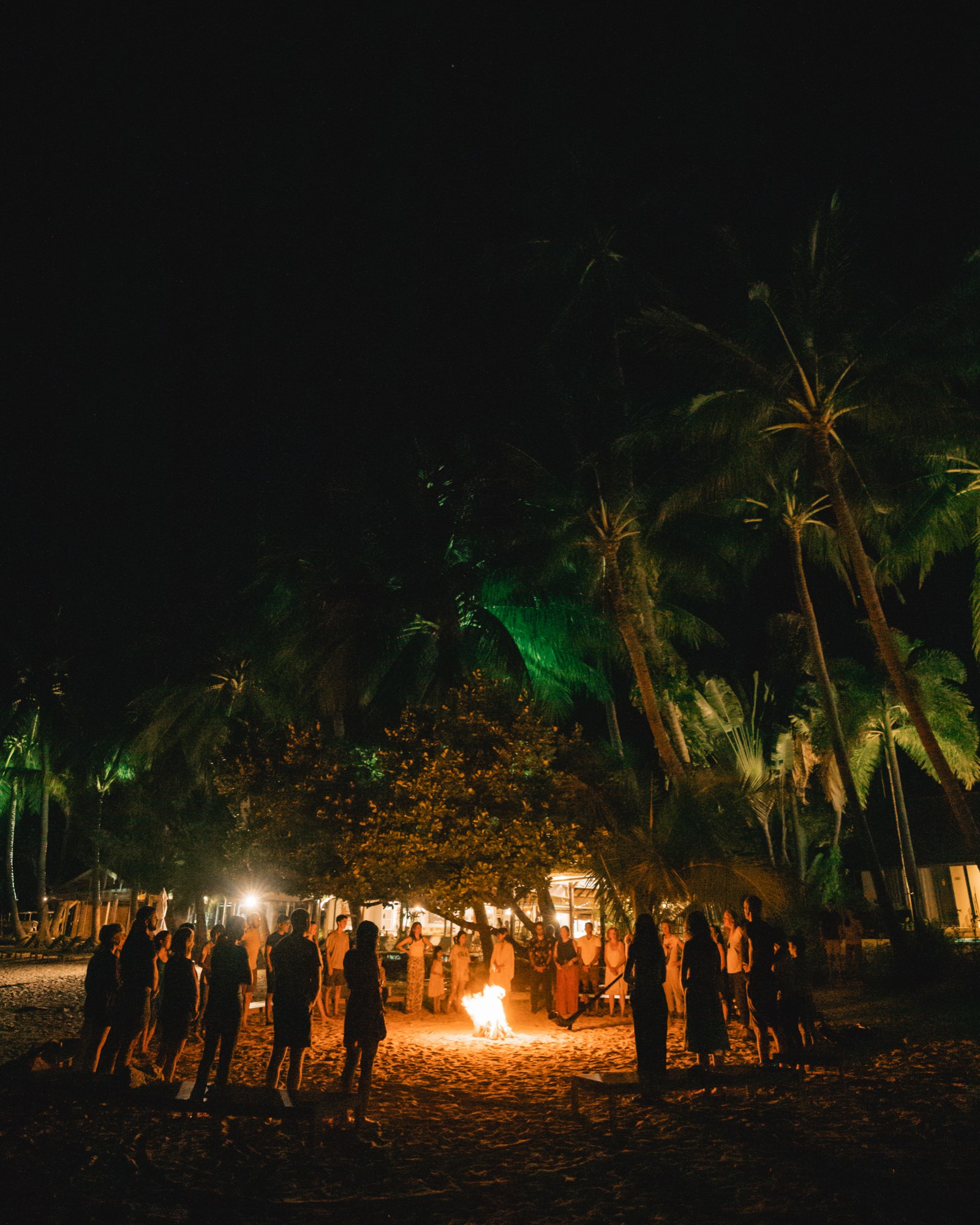 Group gathered around a beach fire at night